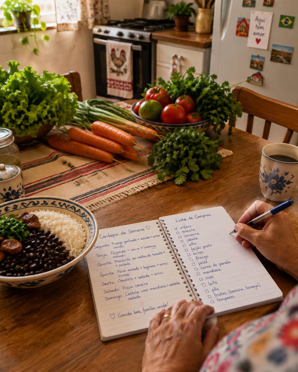 Mãe planejando o cardápio da semana na mesa da cozinha, com verduras frescas